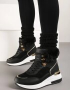  Adidași Negri pe pană ascunsă cu inserție de blană și accent metalic Kaivn