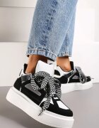  Adidași Negru-Alb cu Talpă Groasă și Șireturi Decorative Edidda