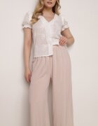 airisa Pantaloni bej deschis din bumbac tip Palazzo cu talie înaltă și elastic în talie Fitanea
