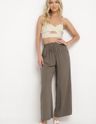 airisa Pantaloni Largi din Bumbac Verde închis cu elastic în talie și talie înaltă Besea