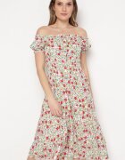 airisa Rochie Alb-Verde Din bumbac Midi cu Imprimeu Floral Stil Spaniolă Anirpe