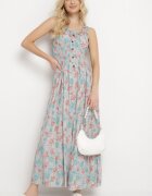airisa Rochie Mentă Evazată din Bumbac cu Imprimeu Floral cu Nasturi Jamallia