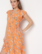 airisa Rochie Portocalie de Bumbac cu Decolteu Petrecut cu Flori Akariela