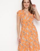 airisa Rochie Portocalie de Bumbac cu Decolteu Petrecut cu Flori Akariela