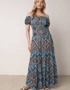 airisa Rochie Verde-Albastră din Bumbac în Stil Spaniol cu Model Etno și Elastic în Talie Kinetha