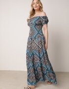 airisa Rochie Verde-Albastră din Bumbac în Stil Spaniol cu Model Etno și Elastic în Talie Kinetha