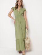 airisa Rochie Verde de Bumbac Maxi cu Decolteu Petrecut Cloș Xaliara
