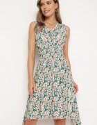 airisa Rochie Verde de Bumbac Petrecută Evazată cu Imprimeu Floral Brosă