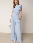 allyson Compleu Albastru deschis Bluză cu Umeri Marcați și Pantaloni Largi cu Elastic Divaires