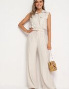 allyson Compleu Bej din viscoză Bluză scurtă cu nasturi și Pantaloni largi cu elastic în talie Rissanama