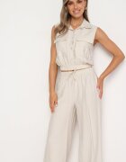 allyson Compleu Bej din viscoză Bluză scurtă cu nasturi și Pantaloni largi cu elastic în talie Rissanama