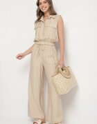 allyson Compleu Bej închis din vâscoză Bluză scurtă cu nasturi Pantaloni largi cu elastic în talie Rissanama