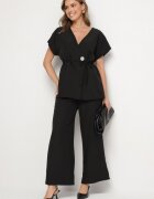 allyson Compleu de costum Negru Sacou cu Centură și Pantaloni Largi Milsedi