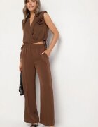 allyson Compleu Maro Bluză Petrecută cu Broșă Florală și Pantaloni Largi Reavilia