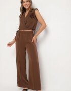 allyson Compleu Maro Bluză Petrecută cu Broșă Florală și Pantaloni Largi Reavilia