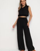 allyson Compleu Negru din Viscoză Bluză Scurtă cu Nasturi Pantaloni Larghi cu Elastic în Talie Rissanama