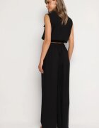 allyson Compleu Negru din Viscoză Bluză Scurtă cu Nasturi Pantaloni Larghi cu Elastic în Talie Rissanama