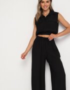 allyson Compleu Negru din Viscoză Bluză Scurtă cu Nasturi Pantaloni Larghi cu Elastic în Talie Rissanama