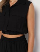 allyson Compleu Negru din Viscoză Bluză Scurtă cu Nasturi Pantaloni Larghi cu Elastic în Talie Rissanama
