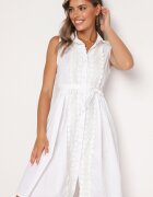 allyson Rochie Albă Evazată din Bumbac cu Croi Cămașă Legată în Talie Calelia