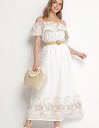 allyson Rochie Albă Spaniolă stil Boho cu broderie și curea cu cataramă Mellirna