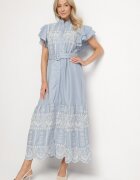 allyson Rochie Albastră Boho cu croi evazat broderie volane și curea Callindra