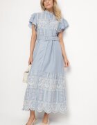 allyson Rochie Albastră Boho cu croi evazat broderie volane și curea Callindra