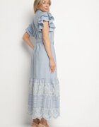 allyson Rochie Albastră Boho cu croi evazat broderie volane și curea Callindra