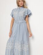 allyson Rochie Albastră Boho cu croi evazat broderie volane și curea Callindra