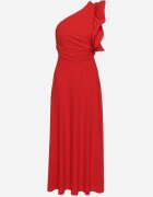 allyson Rochie Asimetrică Roșie cu croială evazată cu volane decorative la umeri Virama