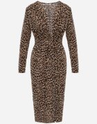 allyson Rochie de cocktail maro cambrată cu imprimeu leopard cu crăpătură laterală și zirconii Zelimi