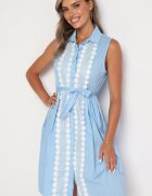 allyson Rochie Evazată Albastru deschis din Bumbac tip Cămașă Legată în Talie Calelia