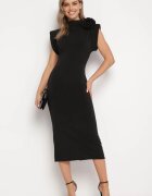 allyson Rochie Neagră Midi Croită cu Broșă Decorativă în formă de Floare Agnolia