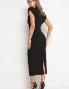 allyson Rochie Neagră Midi Croită cu Broșă Decorativă în formă de Floare Agnolia