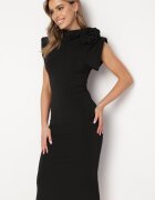 allyson Rochie Neagră Midi Croită cu Broșă Decorativă în formă de Floare Agnolia