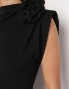 allyson Rochie Neagră Midi Croită cu Broșă Decorativă în formă de Floare Agnolia