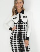 allyson Rochie Pulover Negru-Alb Cambrată cu Nasturi Idlali