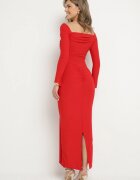 allyson Rochie Roșie Mulată cu Drapaj Decorativ Trenă și Despicătură Alutria