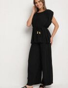allyson Set Negru Plisat Bluză cu Cordon și Pantaloni Largi Gialla