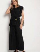 allyson Set Negru Plisat Bluză cu Cordon și Pantaloni Largi Gialla