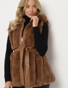 alnwick Vestă Maro din Blană cu Glugă cu Buzunare și Curea Legată Jackilie