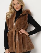 alnwick Vestă Maro din Blană cu Glugă cu Buzunare și Curea Legată Jackilie