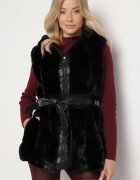 alnwick Vestă Neagră de blană cu glugă buzunare și centură legată Jackilie