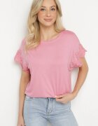 ambitionfly Bluză Roz de Bumbac Tip Liliac cu Mâneci de Dantelă cu Zirconii Adivain