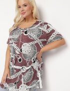 ambitionfly Bluză Roz închisă Elastică cu Mânecă Scurtă cu Imprimeu Original și Cataramă Dordria