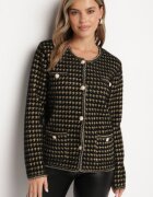 ambitionfly Cardigan Negru cu Model în Stil Tweed cu Nasturi Decorativi Zemitha