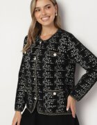 ambitionfly Cardigan negru în stil retro cu nasturi perlați și fir metalic Daiviana