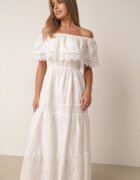 ambitionfly Rochie Albă Ajurată Tip Spaniolă Maxi din Bumbac Decorată cu Dantelă Bimiosa
