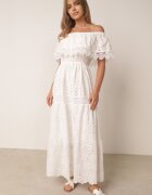 ambitionfly Rochie Albă Ajurată Tip Spaniolă Maxi din Bumbac Decorată cu Dantelă Bimiosa