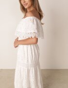 ambitionfly Rochie Albă Ajurată Tip Spaniolă Maxi din Bumbac Decorată cu Dantelă Bimiosa